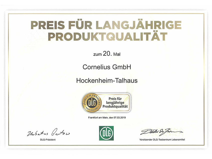 Urkunden DLG-Auszeichnung 20 Jahre Produktqualität