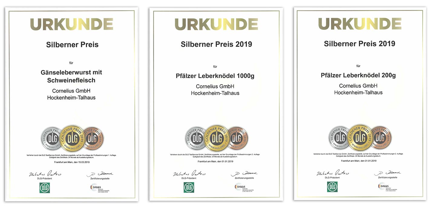 Urkunden DLG-Auszeichnung Silber 2019